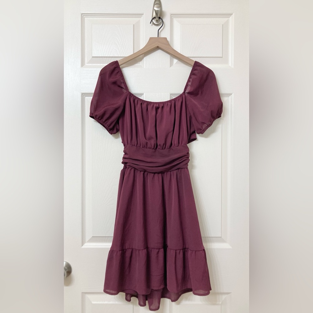 Women’s Purple Puff Sleeve Smocked Mini Dress Size Medium Milkmaid Nap Dress